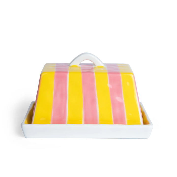 Noss &amp; Co Large Ceramic Butter Dish | Pink &amp; Yellow Stripe
