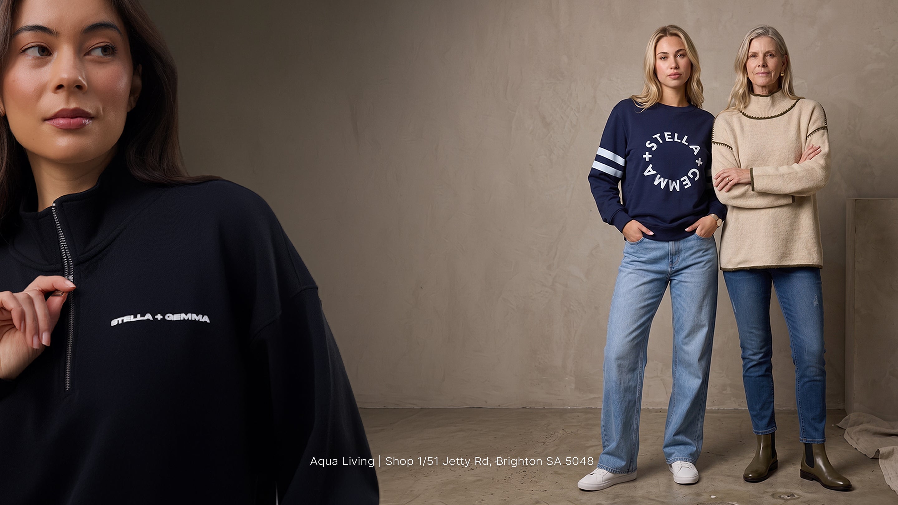 Two women wearing branded clothing standing against a neutral background