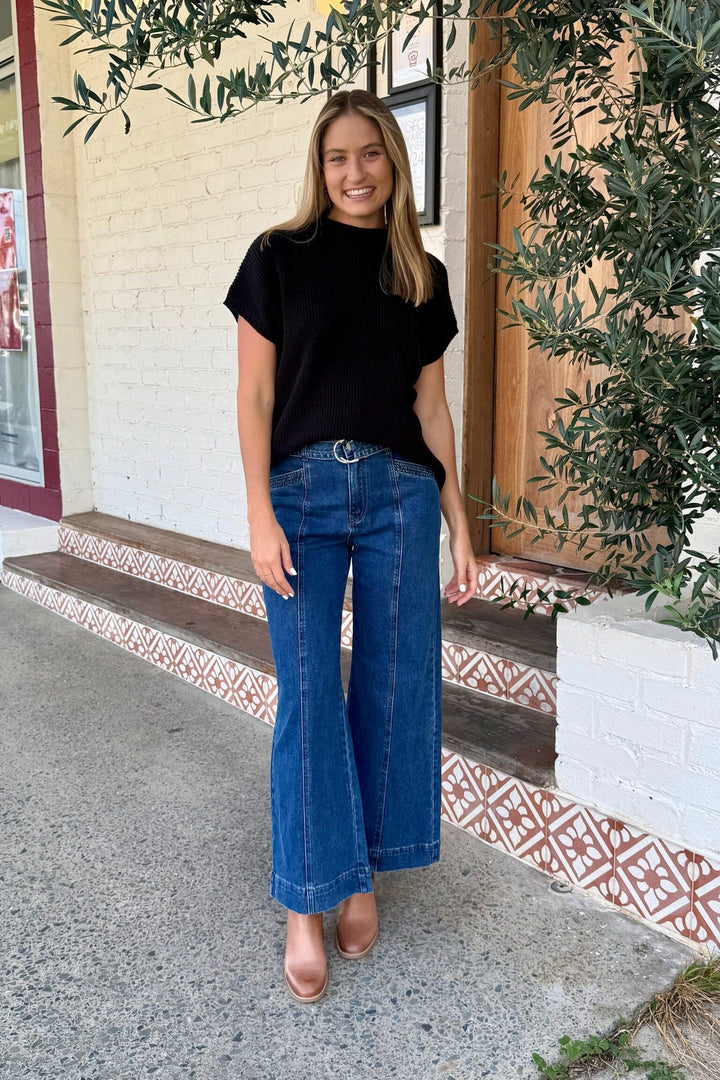 Country Denim Indiana Wide Leg Belted Jeans - Dark Wash