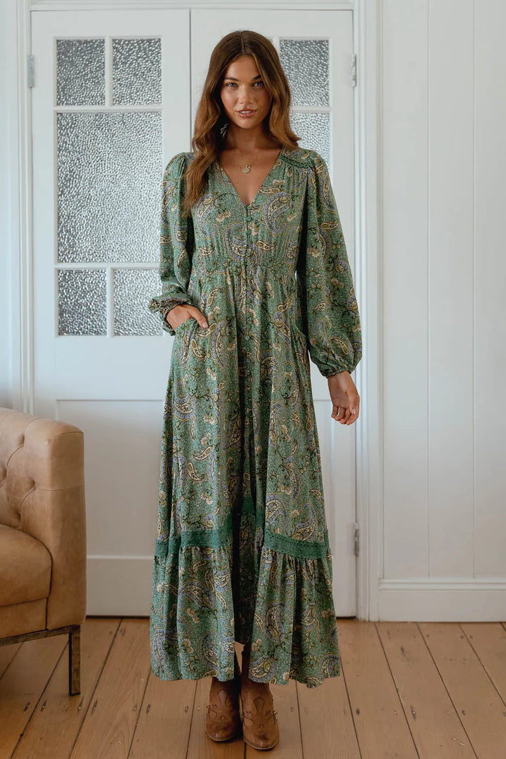 Jaase Carmen Maxi Dress with Long Sleeve V-Neck Pockets Buttoned - Sagewood