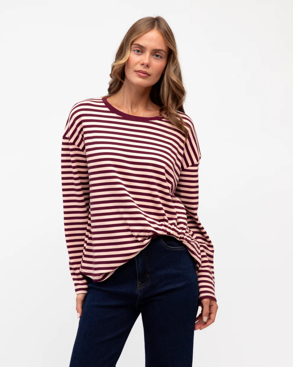 Label of Love Long Sleeve Easy Tuck Tee - Pink/Burgundy