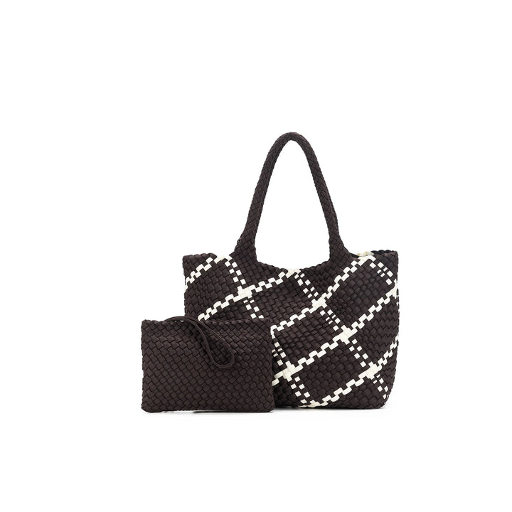 Black Caviar The Hampton Chocolate &amp; White 2 Piece Handwoven Neoprene Handbag