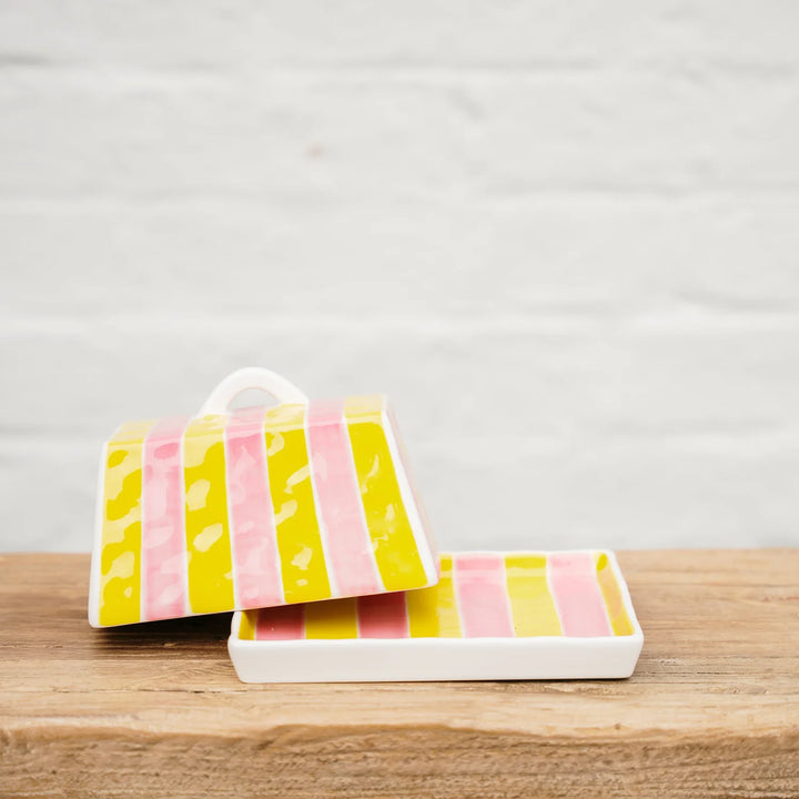 Noss &amp; Co Large Ceramic Butter Dish | Pink &amp; Yellow Stripe