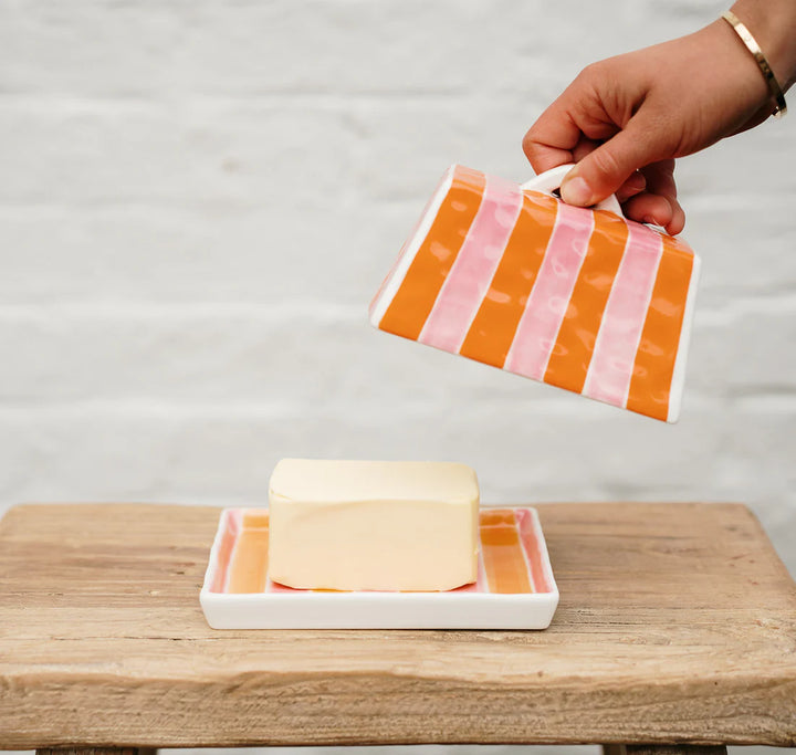 Noss &amp; Co Large Ceramic Butter Dish | Orange &amp; Pink Stripe