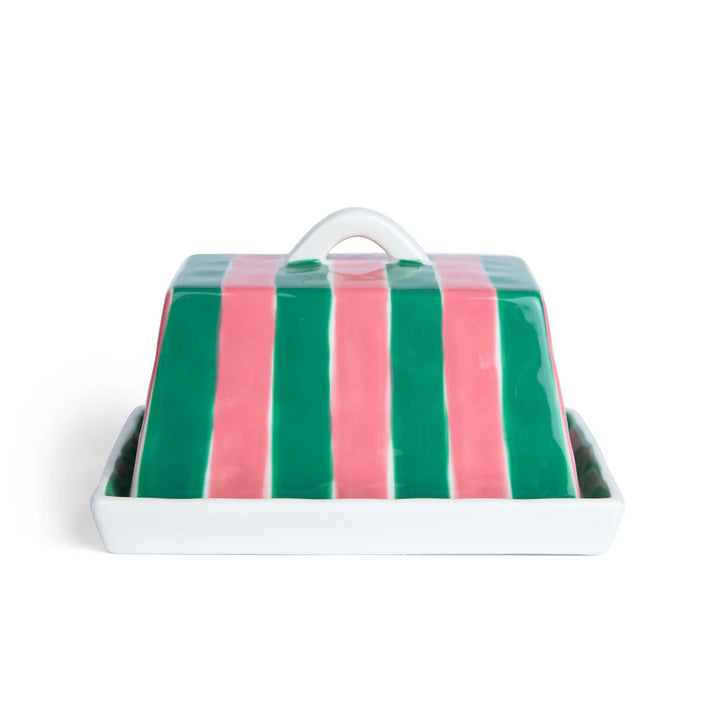 Noss &amp; Co Large Ceramic Butter Dish | Pink &amp; Green Stripe