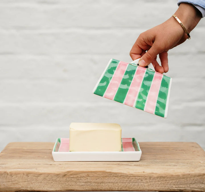 Noss &amp; Co Large Ceramic Butter Dish | Pink &amp; Green Stripe