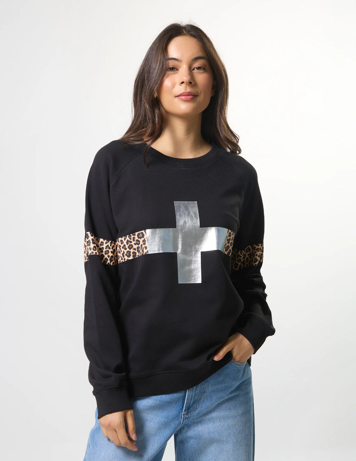 Stella &amp; Gemma Classic Sweatshirt Silver Cross Leopard - Black
