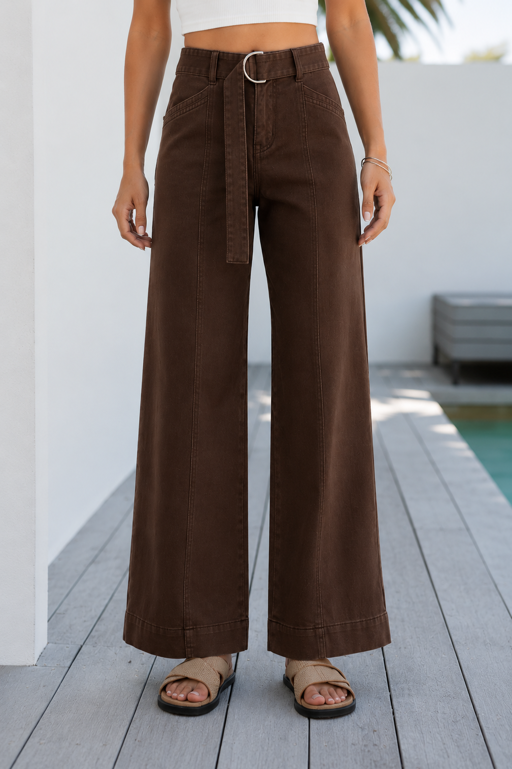 Country Denim Indiana Wide Leg Belted Jeans - Chocolate